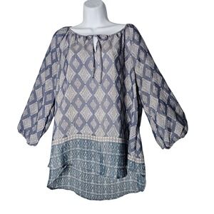 COMO VINTAGE Women Blue Diamond Print Tie Neck Tunic Blouse Top Size L Lagenlook
